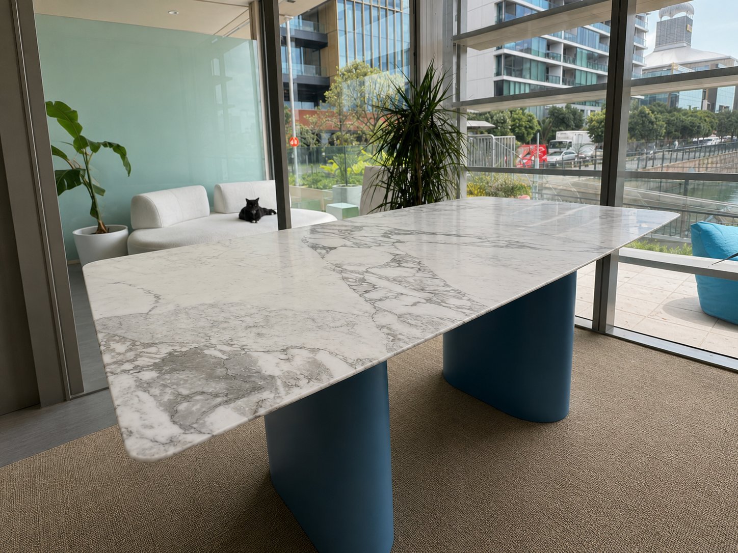 Arabesque Arabescato marble dining table on custom pedestals, Auckland